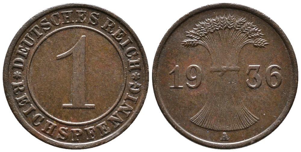 ГЕРМАНИЯ 1 РЕЙХСПФЕННИГ 1936 A KM 37, J. 313 бронза 39-1118