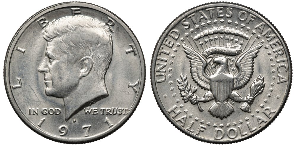 США 1/2 доллара (50 центов) 1971 D, Джон Кеннеди KM 202b медь плакированная медно-никелем 88-1212