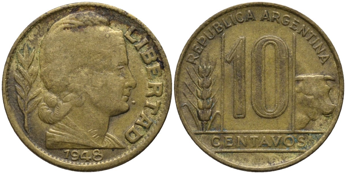 Аргентина 10 сентаво 1948 голова Свободы вправо KM 41 алюминиевая бронза 4576-1165
