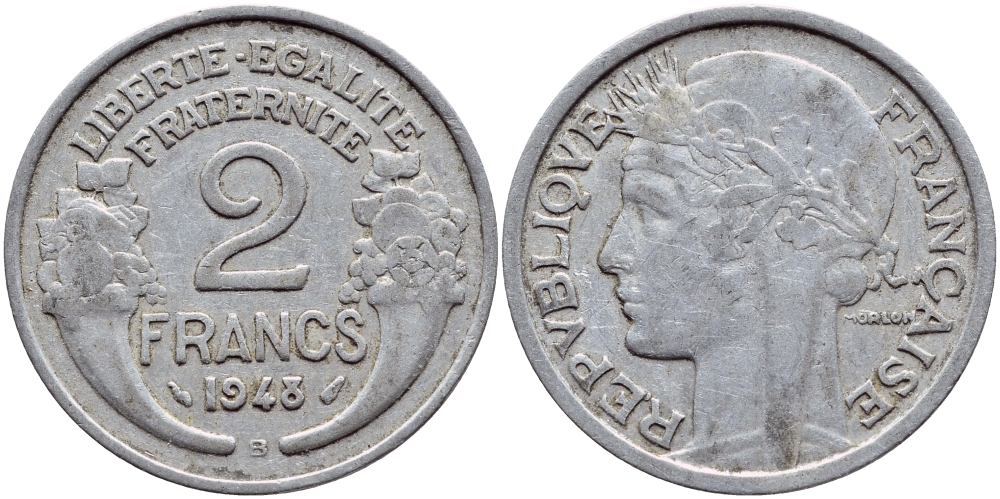 Франция 2 франка 1948 В KM 886а.2 алюминий 4397-747