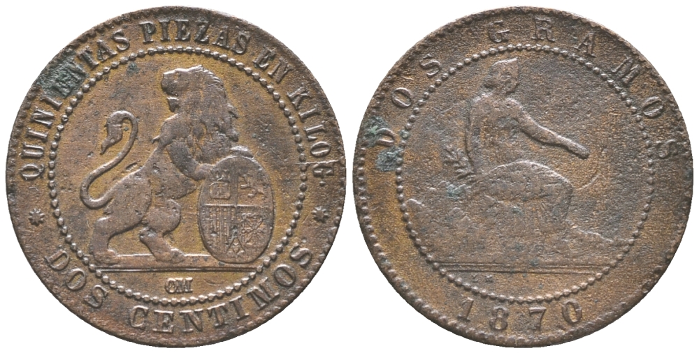 ИСПАНИЯ 2 САНТИМА 1870 ОМ KM 661 (Y52) медь 34-317