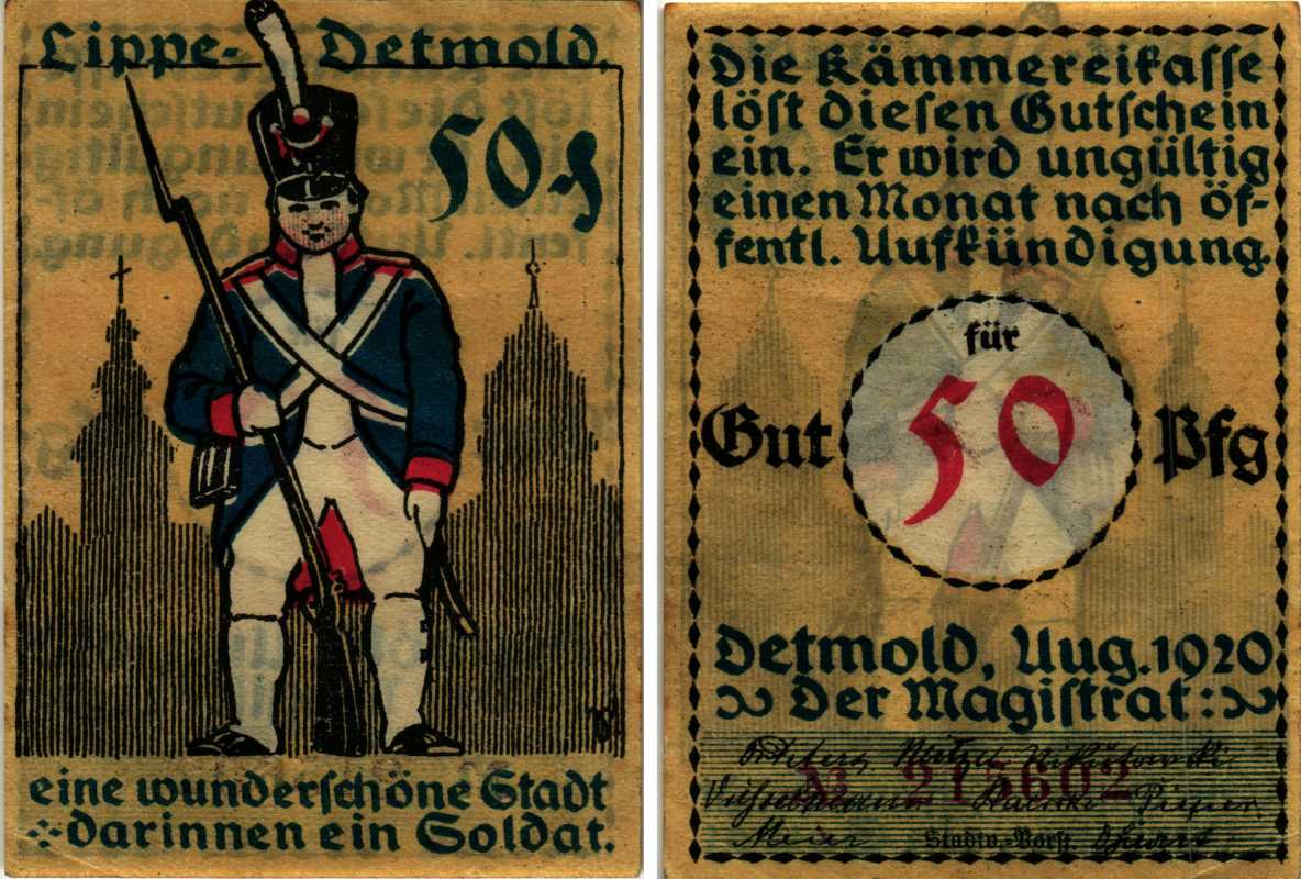 ДЕТМОЛЬД, ЛИППЕ, ГЕРМАНИЯ 50 ПФЕННИГОВ 1920 НОТГЕЛЬД, АВГУСТ 1920, ЗЕМЛЯ СЕВЕРНЫЙ РЕЙН-ВЕСТФАЛИЯ, НОМЕР КОРИЧНЕВЫЙ ARNOLD KELLER 268.1g бумага 7523-54-2-2