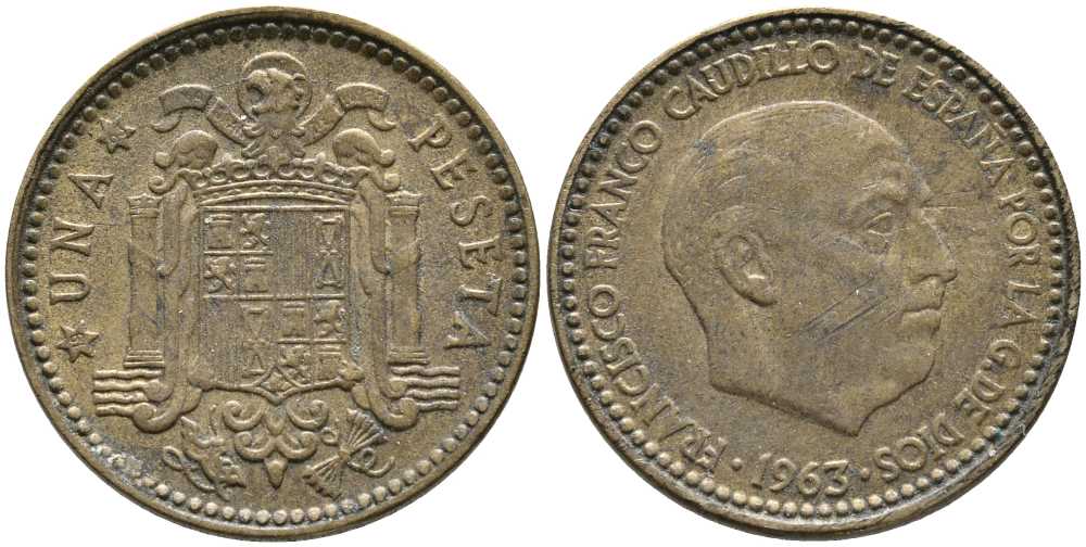 Испания 1 песета 1963 (63) Франсиско Франко (1939-1975) KM 775 алюминиевая бронза 110-1154