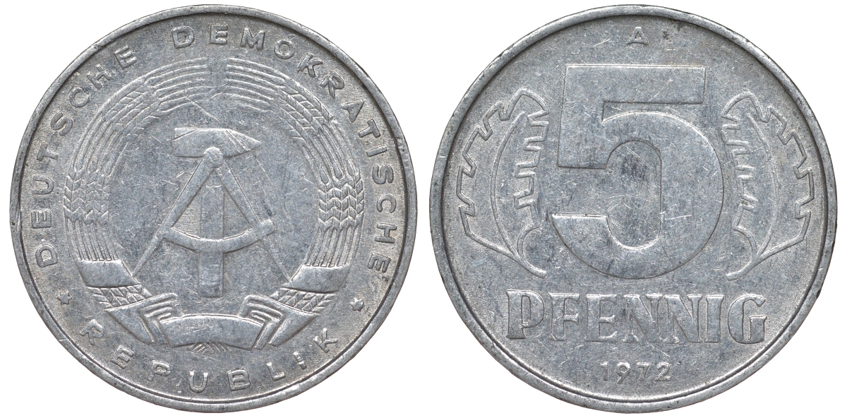 ГДР 5 пфеннигов 1972 A KM 9.1 алюминий 62-236