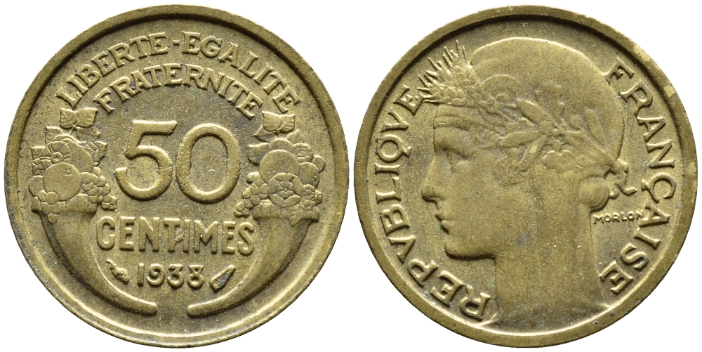 ФРАНЦИЯ 50 САНТИМОВ 1938 KM 894.1 алюминиевая бронза 46-325