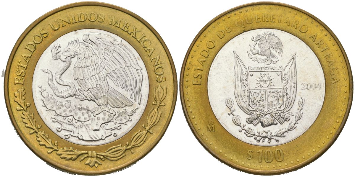 Мексика 100 песо 2004 180 лет Федерации - Керетаро Артеага KM 734 биметалл, серебро BU 00-1067-9-13