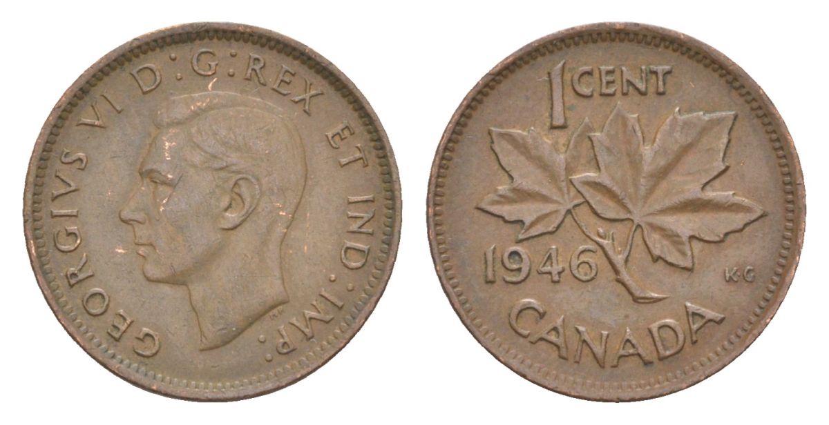 Канада 1 цент 1946 Георг VI (1936-1952), кленовый лист KM 32 бронза 4630-519