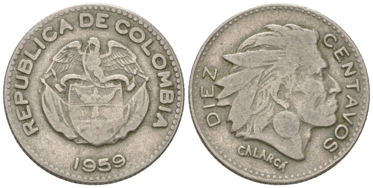 Колумбия 10 сентаво 1959 В, индеец Каларка KM 212 медно-никель 4611-854