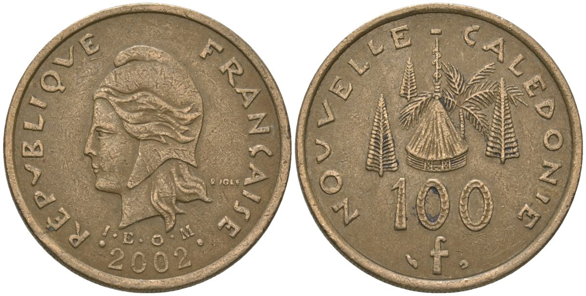 Французская Новая Каледония 100 франков 2002 хижина среди сосен и пальм, (IEOM) KM 15, Schoen 16, Lec 139f никель бронза 109-811