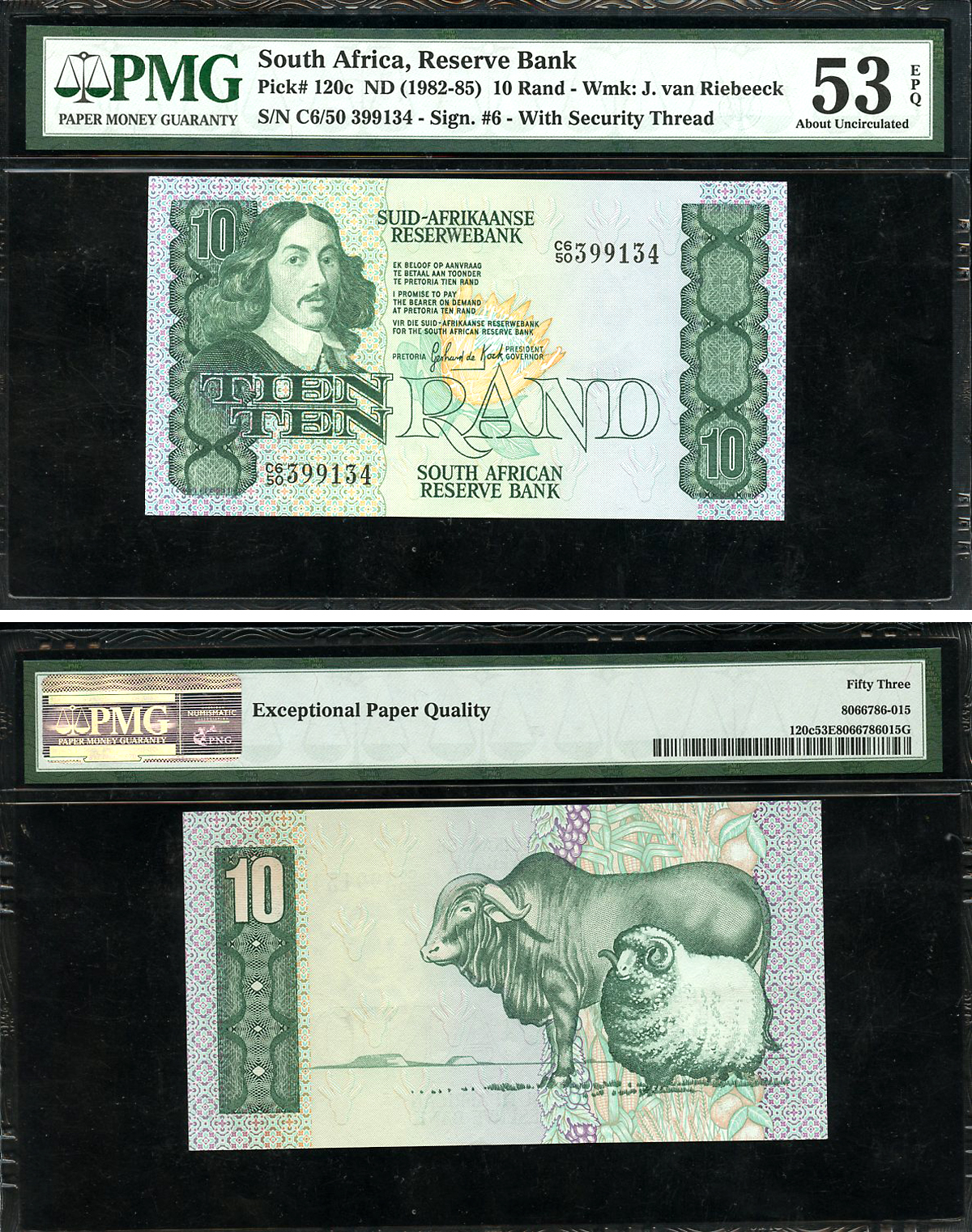 ЮАР 10 рандов ND (1982-85) Бартоломеус Вермуйден, бык, баран, африкаанс-английский, в слабе PMG 53 About Uncirculated Pick 120 c бумага  aUNC  452-1-60