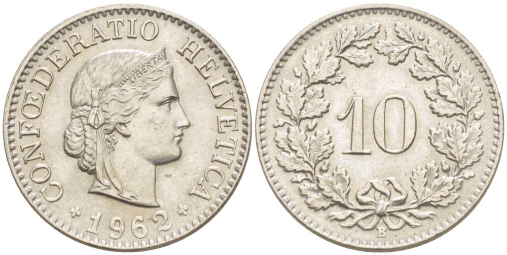 ШВЕЙЦАРИЯ 10 РАППЕНОВ 1962 В KM 27 медно-никель 216-1257
