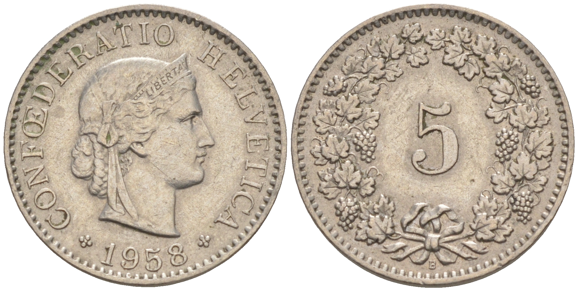 ШВЕЙЦАРИЯ 5 РАППЕНОВ 1958 B KM 26 медно-никель 188-362