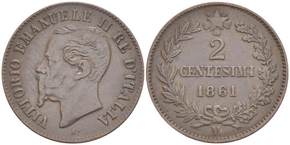 ИТАЛИЯ 2 ЧЕНТЕЗИМО 1861 М, МОНДВОР МИЛАН, ВИКТОР ЭММАНУИЛ II (1861-1878) KM 2.1 медь 4182-1214