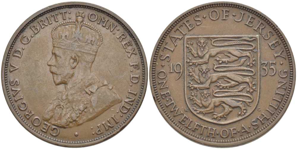 Джерси 1/12 шиллинга 1935 Георг V (1910-1936) KM 16 бронза 3996-443