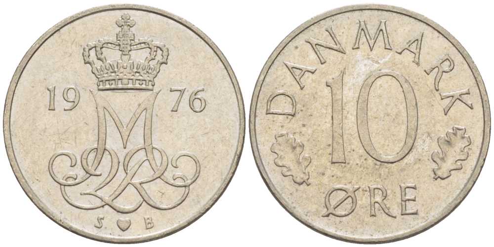 Дания 10 эре 1976 S; B, Маргрете II (1972- ) KM 860.1 медно-никель 4387-1215