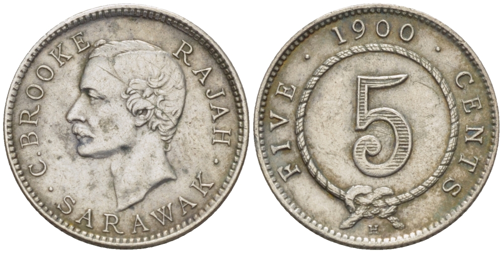 Саравак 5 центов 1900 Н, Чарльз Энтони Джонсон Брук, Королевство Саравак (1846 - 1946) KM 8 серебро XF 4044-944