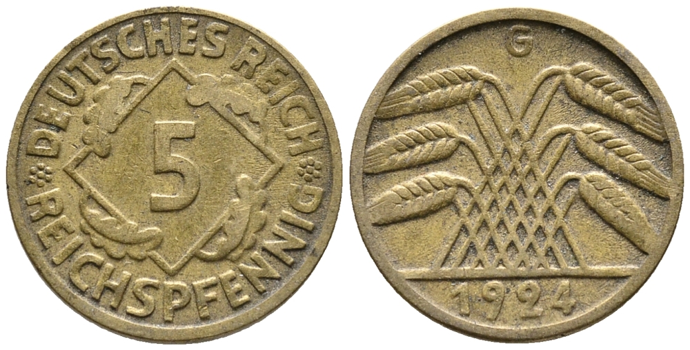 ГЕРМАНИЯ 5 РЕЙХСПФЕННИГОВ 1924 G KM 39, J. 316 алюминиевая бронза 39-536