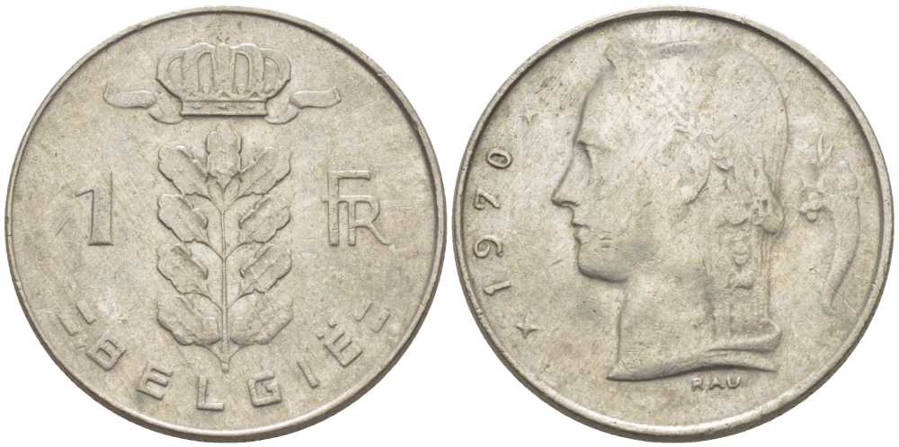 БЕЛЬГИЯ 1 ФРАНК 1970 BELGIE, БОДУЭН I (1951-1993) KM 143.1 медно-никель 119-627