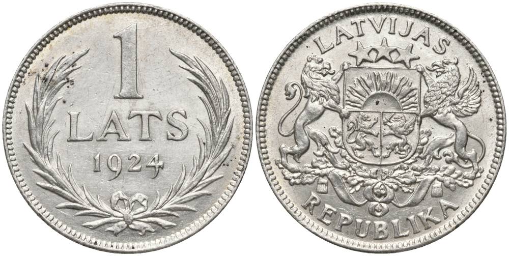 Латвия 1 лат 1924 Первая республика (1918-1939) KM 7 серебро 27-1235