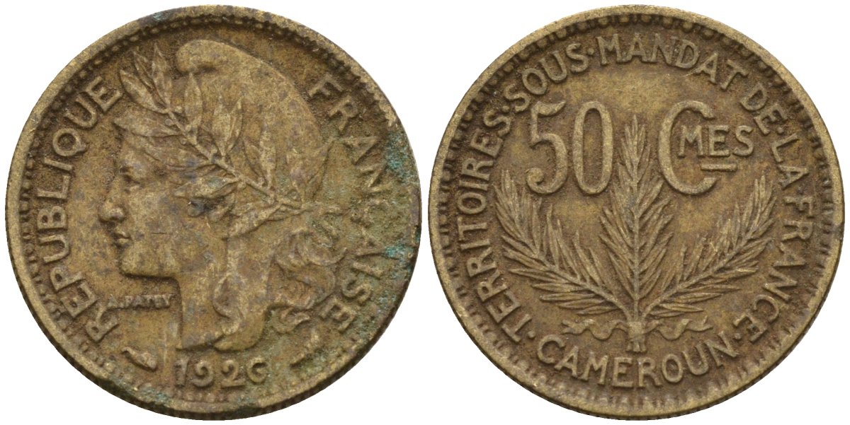Камерун 50 сантимов 1926 (a), мондвор Париж KM 1 алюминиевая бронза 4169-1122
