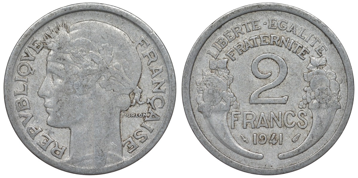 Франция 2 франка 1941 KM 886а.1, Le Franc 269.2 алюминий 4123-333