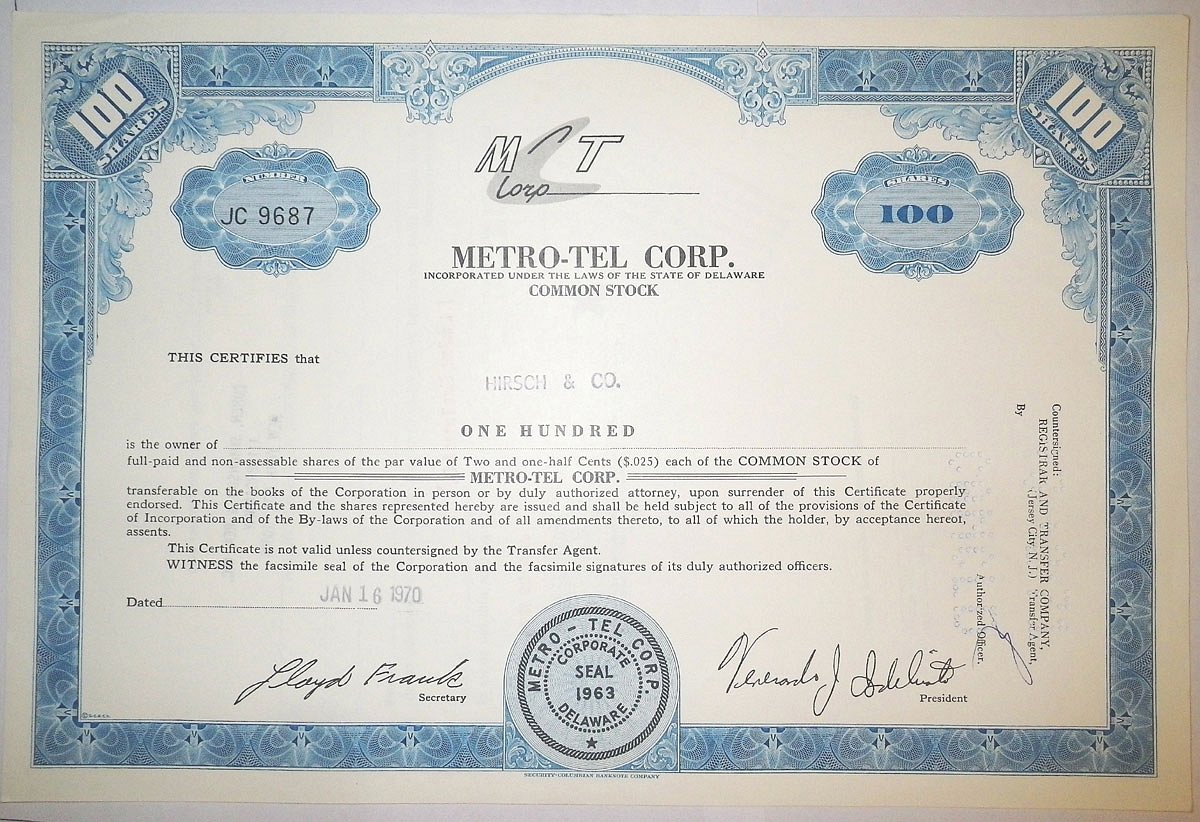 США, METRO-TEL CORP. 100 акций 1970 бумага 8805-66-1