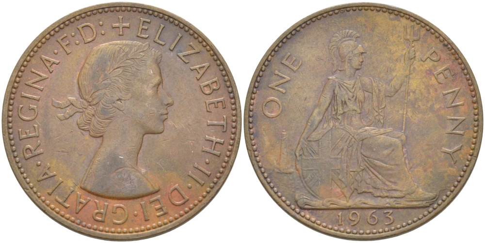 Великобритания 1 пенни 1963 Елизавета II (1952-2022) KM 897, Spink 4157 бронза 3996-215
