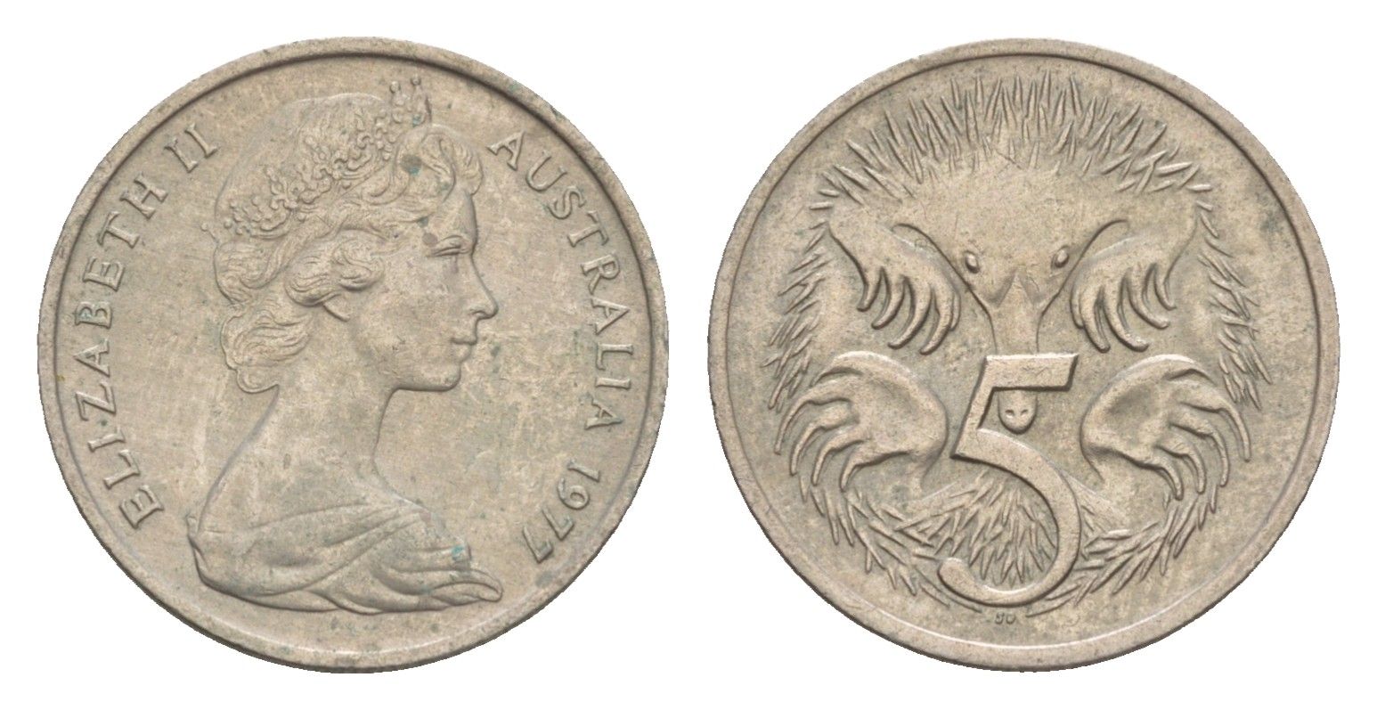Австралия 5 центов 1977 Елизавета II (1952-2022) молодой портрет, ехидна KM 64 медно-никель 4655-1263