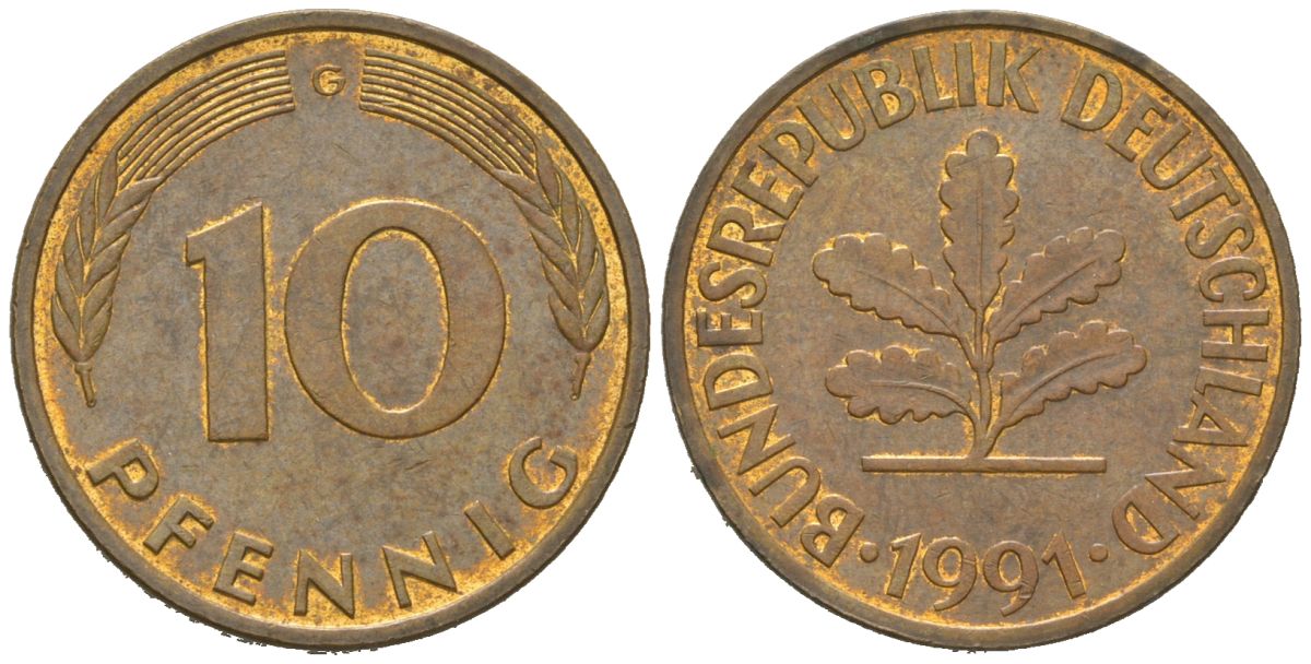 Германия 10 пфеннигов 1991 G KM 108, J. 383 сталь плакированная латунью 4604-1146