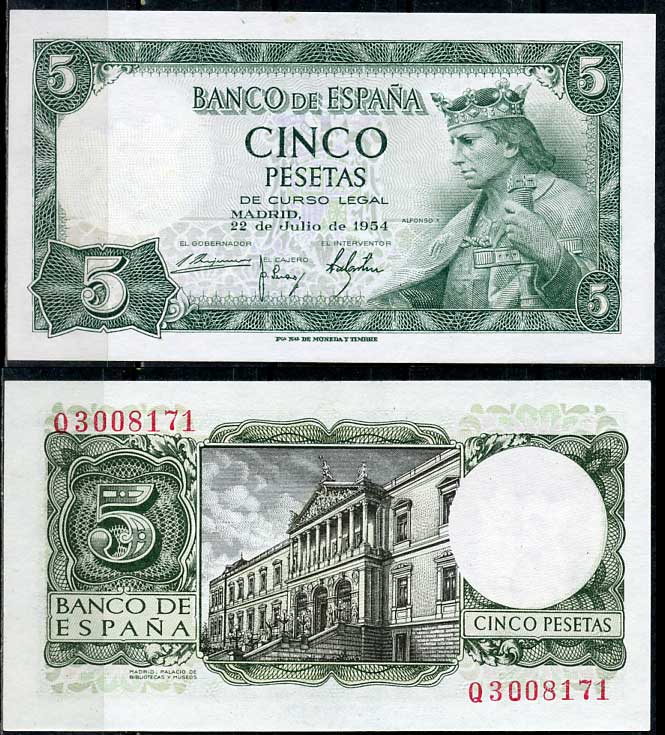 Испания 5 песет 1954 Альфонсо X, король Кастилии и Леона, дворец библиотек и музеев, Мадрид Pick 146 a  бумага  aUNC 8614-38-2-2