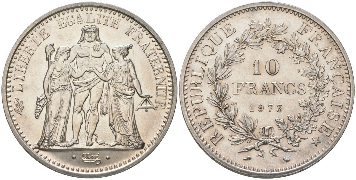 Франция 10 франков 1973 Геракл с богинями равенства и братства KM 932 серебро UNC 107-632