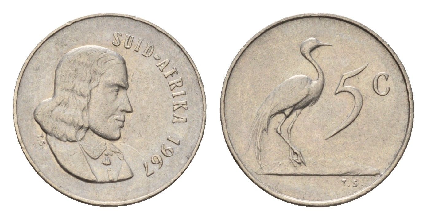ЮАР 5 центов 1967 Ян ван Рибек (1619-1677), Suid Africa, легенда на африкаанс, райский журавль KM 67.2 медно-никель 4682-725