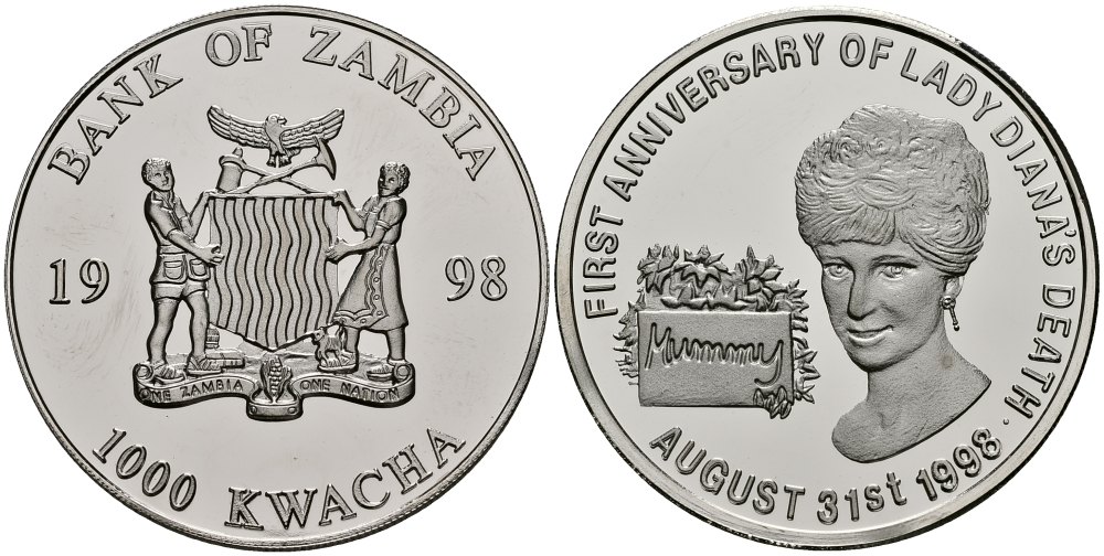 Замбия 1000 квача 1998 годовщина гибели леди Дианы, 31 августа 1998 KM 180 медно-никель PROOF 11-233-55