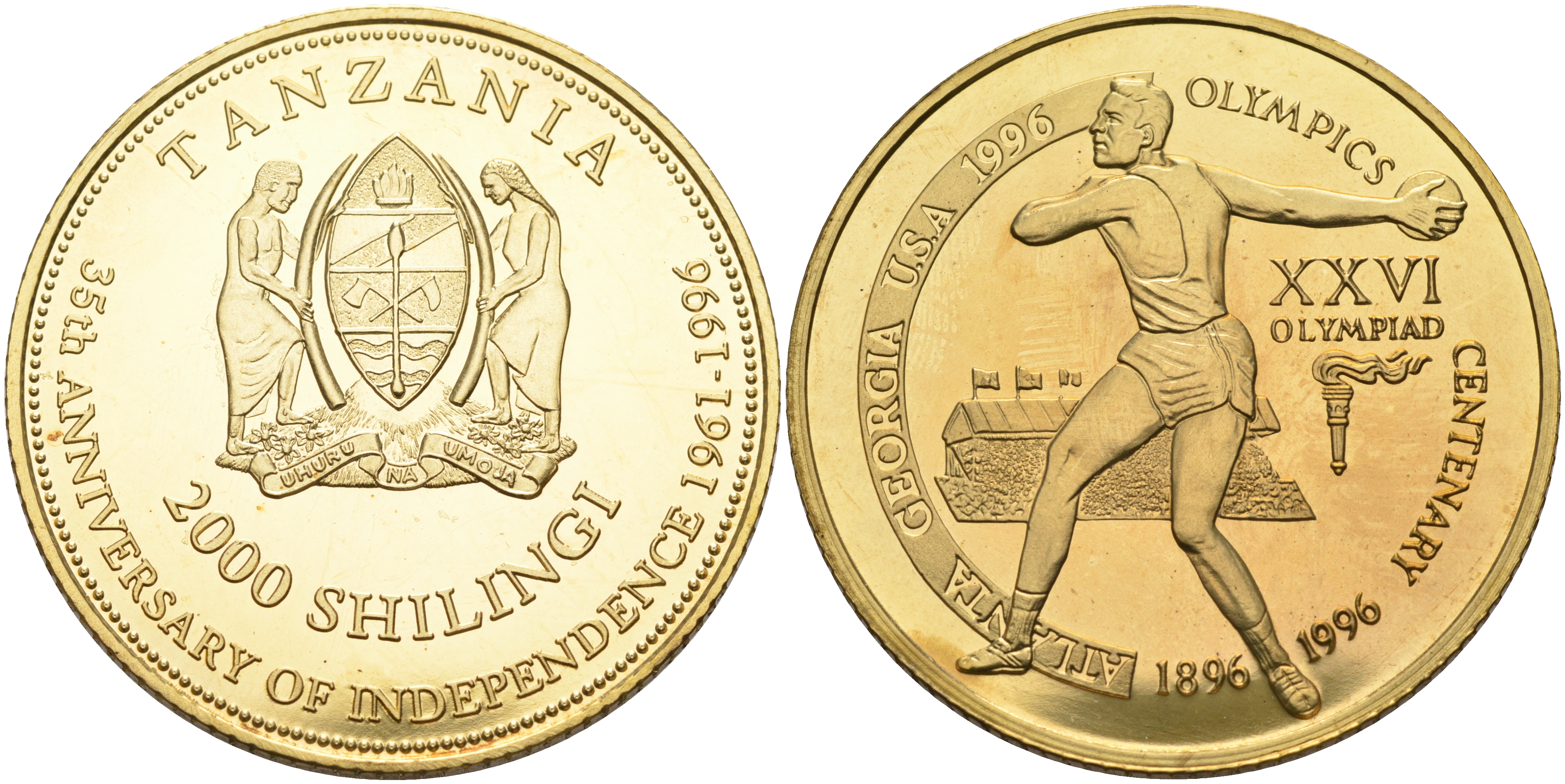 Танзания 2000 шиллингов 1996 XXVI Олимпийские игры 1996 года в Атланте, 100 лет Олимпийскому движению, дискобол, пробник, рубчатый гурт латунь PROOF 06-156-12