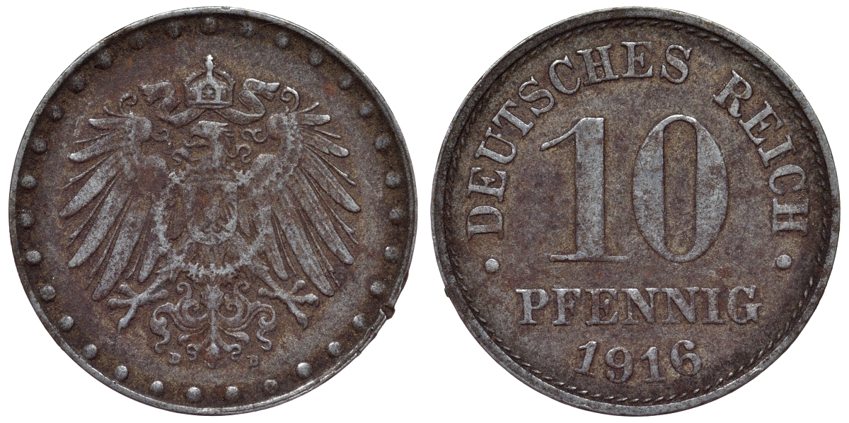 Германия 10 пфеннигов 1916 D KM 20, J. 298 железо 4119-122