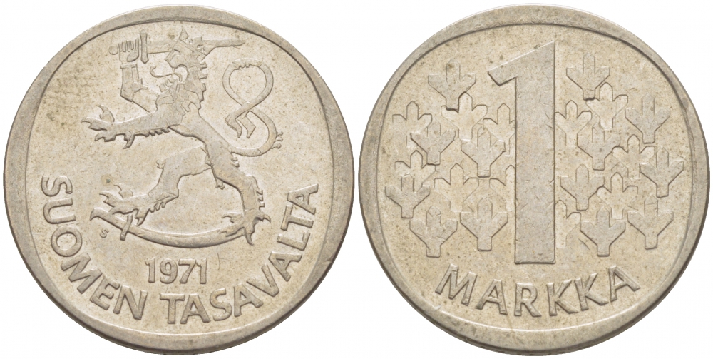 ФИНЛЯНДИЯ 1 МАРКА 1971 S KM 49а медно-никель 3718-737