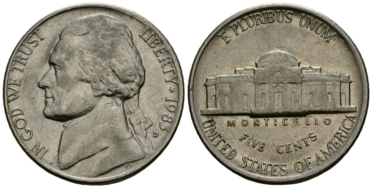 США 5 центов 1983 D, президент Джеферсон KM А192 медно-никель 4135-445