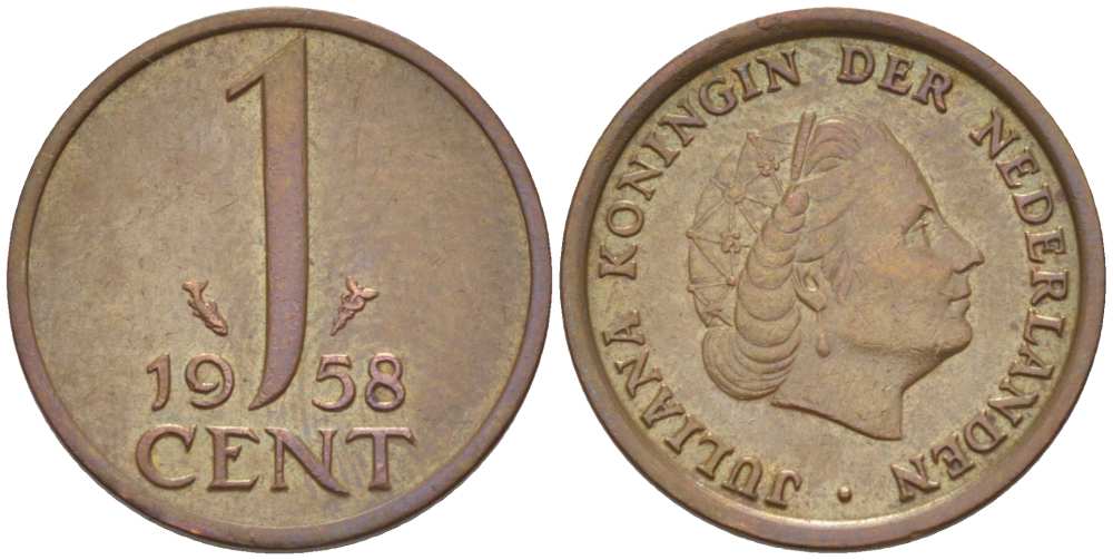 НИДЕРЛАНДЫ 1 ЦЕНТ 1958 КОРОЛЕВА ЮЛИАНА KM 180 бронза 3955-119