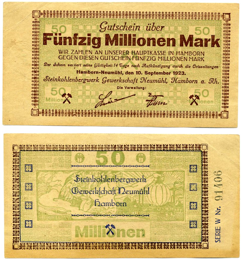 ХАМБОРН 50000000 марок (50 миллионов) 1923 10 сентября 1923, нотгельд, земля Северный Рейн-Вестфалия Keller 2107l бумага 2193-33-1-2