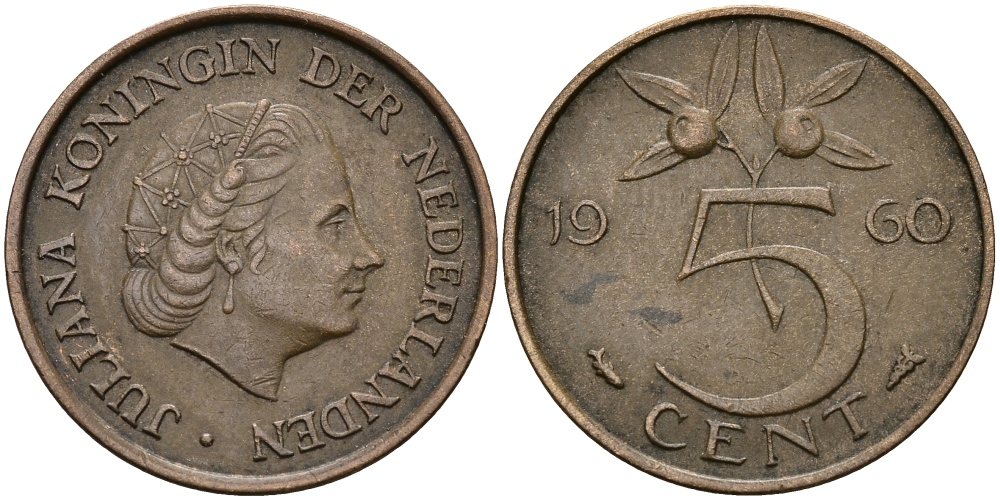 НИДЕРЛАНДЫ 5 ЦЕНТОВ 1960 ЮЛИАНА KM 181 бронза 95-341