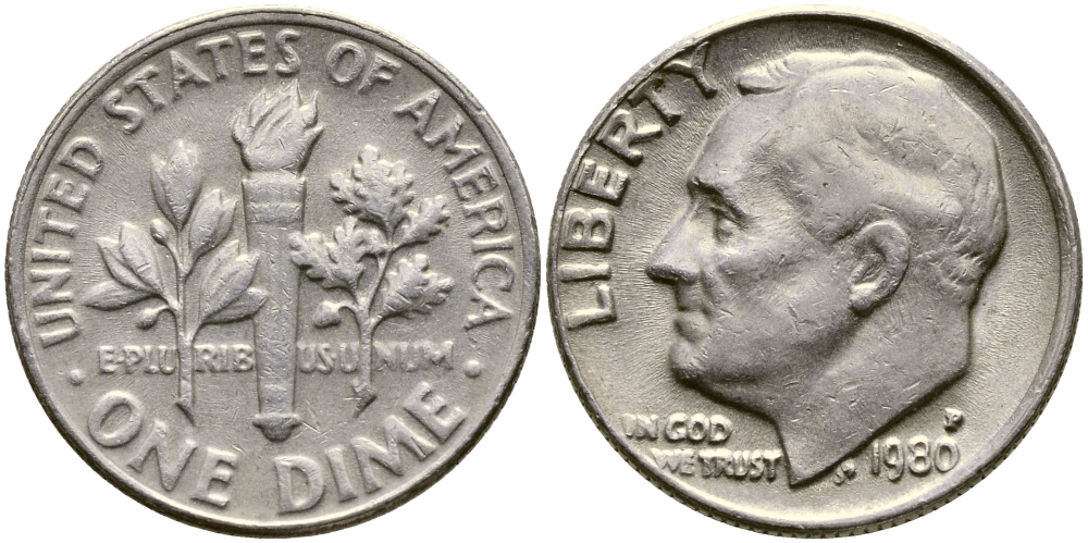 США 10 центов = дайм 1980 P, Рузвельт KM 195а медь плакированная медно-никелем 53-129