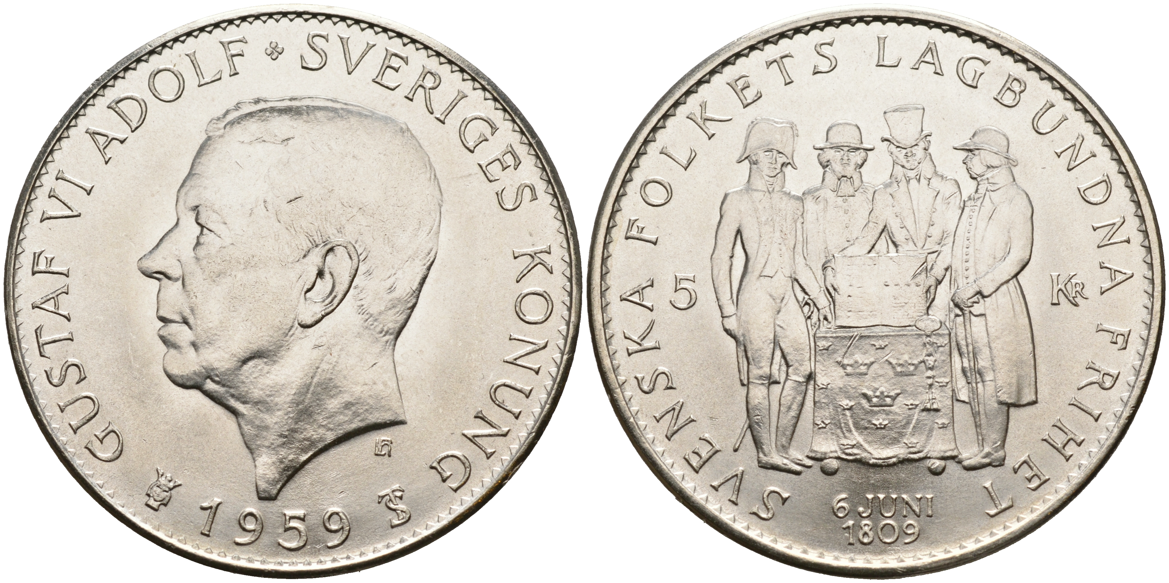 Швеция 5 крон 1959 TS, Густав VI Адольф (1950-1973), 150 лет акта о Правительстве 1809 года KM 830 серебро UNC 4552-725