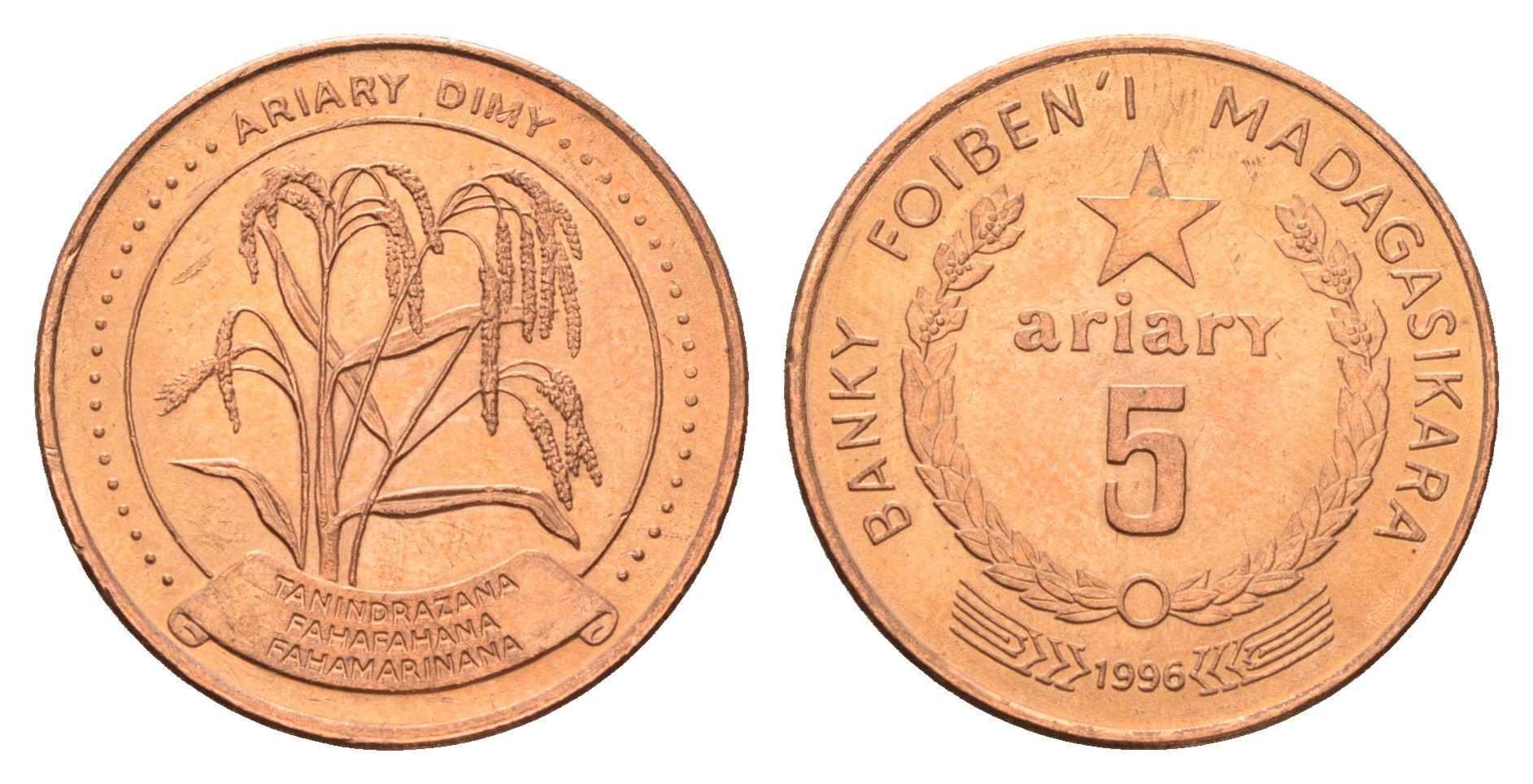 Мадагаскар 5 ариари 1996 год-тип KM 23 сталь плакированная медью UNC 4671-251