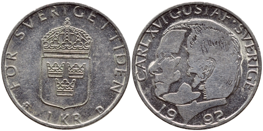 Швеция 1 крона 1992 Карл XVI Густав (1973- ) KM 852a медно-никель 4384-444