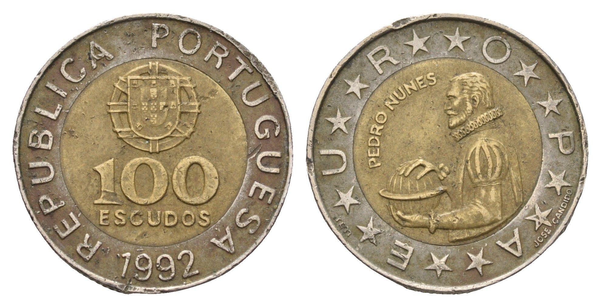 Португалия 100 эскудо 1992 Педру Нуниш (1502-1578), математик KM 645 биметалл 4707-321