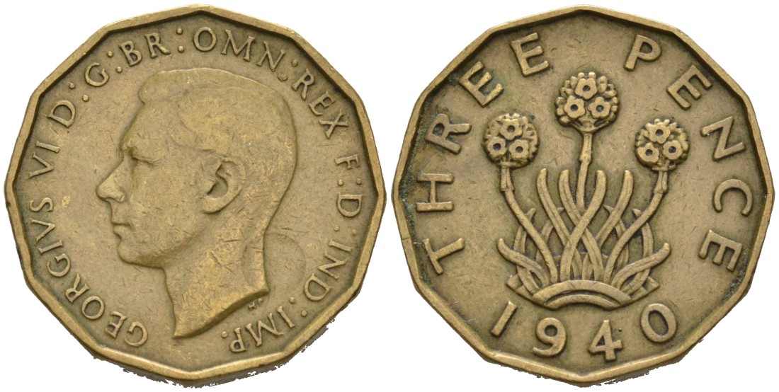 Великобритания 3 пенса 1940 Георг VI (1937-1952) KM 849, Spink 4112 никель латунь 4561-953