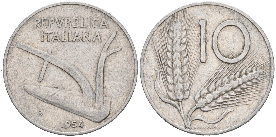 Италия 10 лир 1954 R, плуг, колосья KM 93 алюминий 4571-515