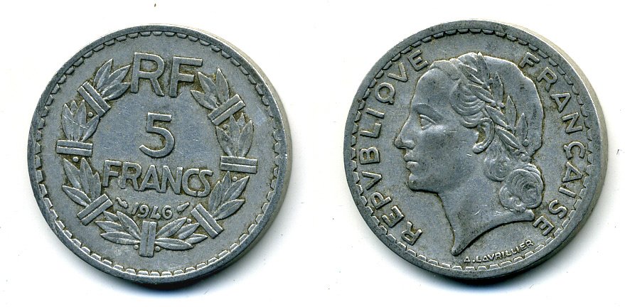 ФРАНЦИЯ 5 ФРАНКОВ 1946 KM 888b.1 алюминий 36-846