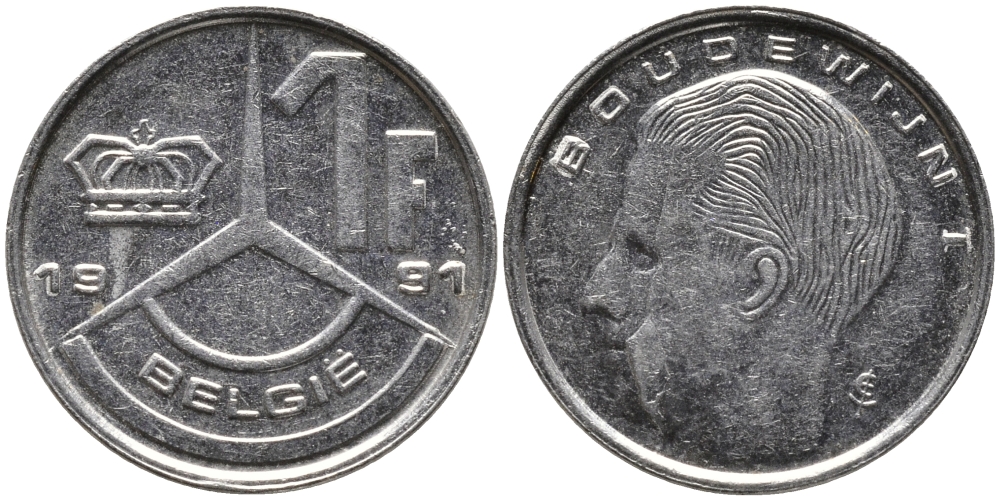 БЕЛЬГИЯ 1 ФРАНК 1991 BELGIE KM 171 сталь плакированная никелем 99-1245
