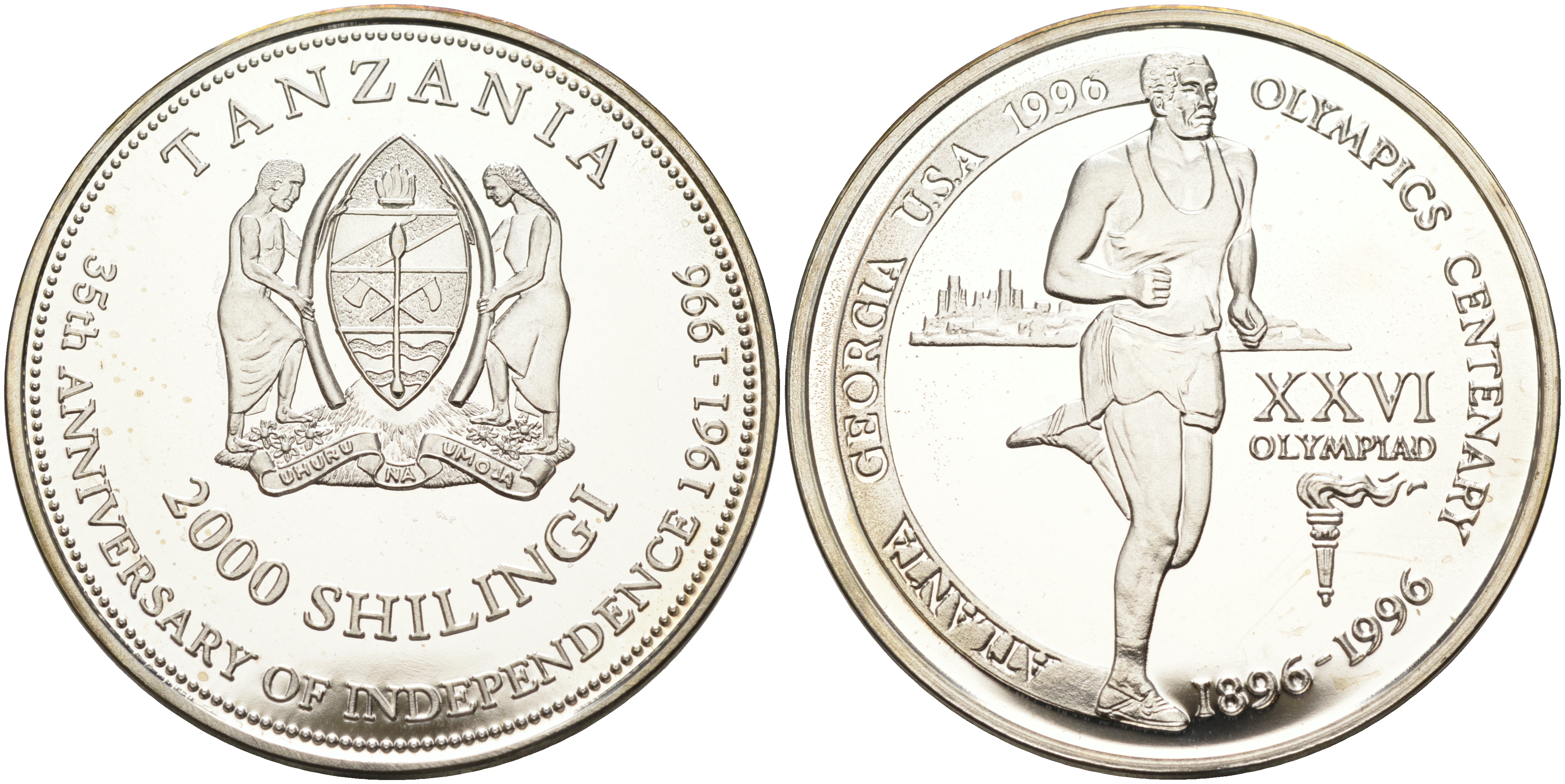 Танзания 2000 шиллингов 1996 XXVI Олимпийские игры 1996 года в Атланте, 100 лет Олимпийскому движению, бег, пробник, гладкий гурт серебро PROOF 06-135-15